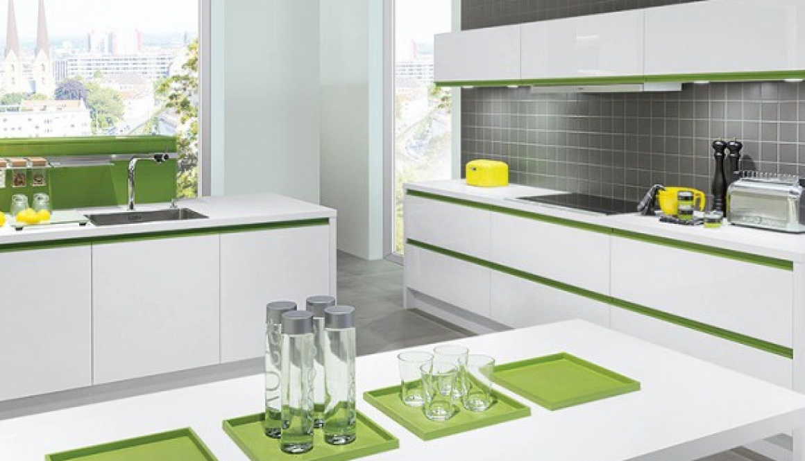 kitchen units with Kiwi green grip ledges and accessories