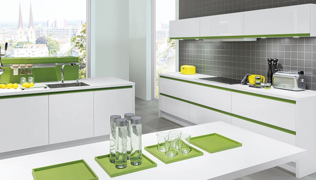 white gloss kitchen with kiwi green